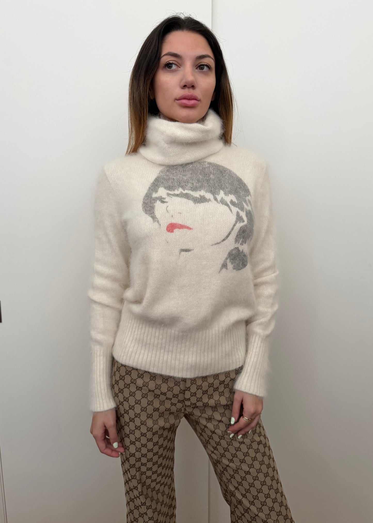 Chloé FW2001 Face Printed Angora Fur Turtleneck