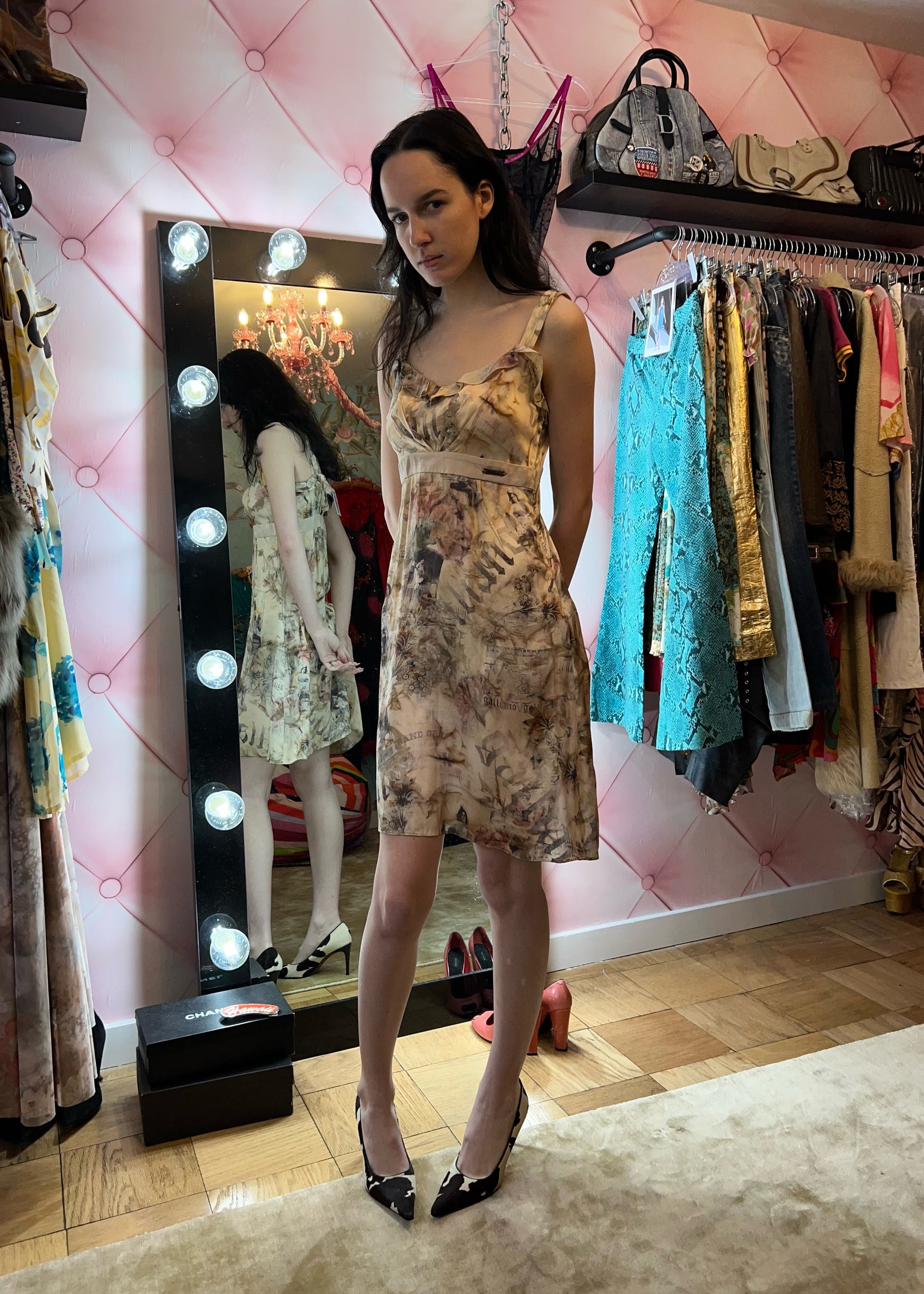 Galliano Silk Cherub & Newsprint Dress Galliano Silk Cherub & Newsprint Dress