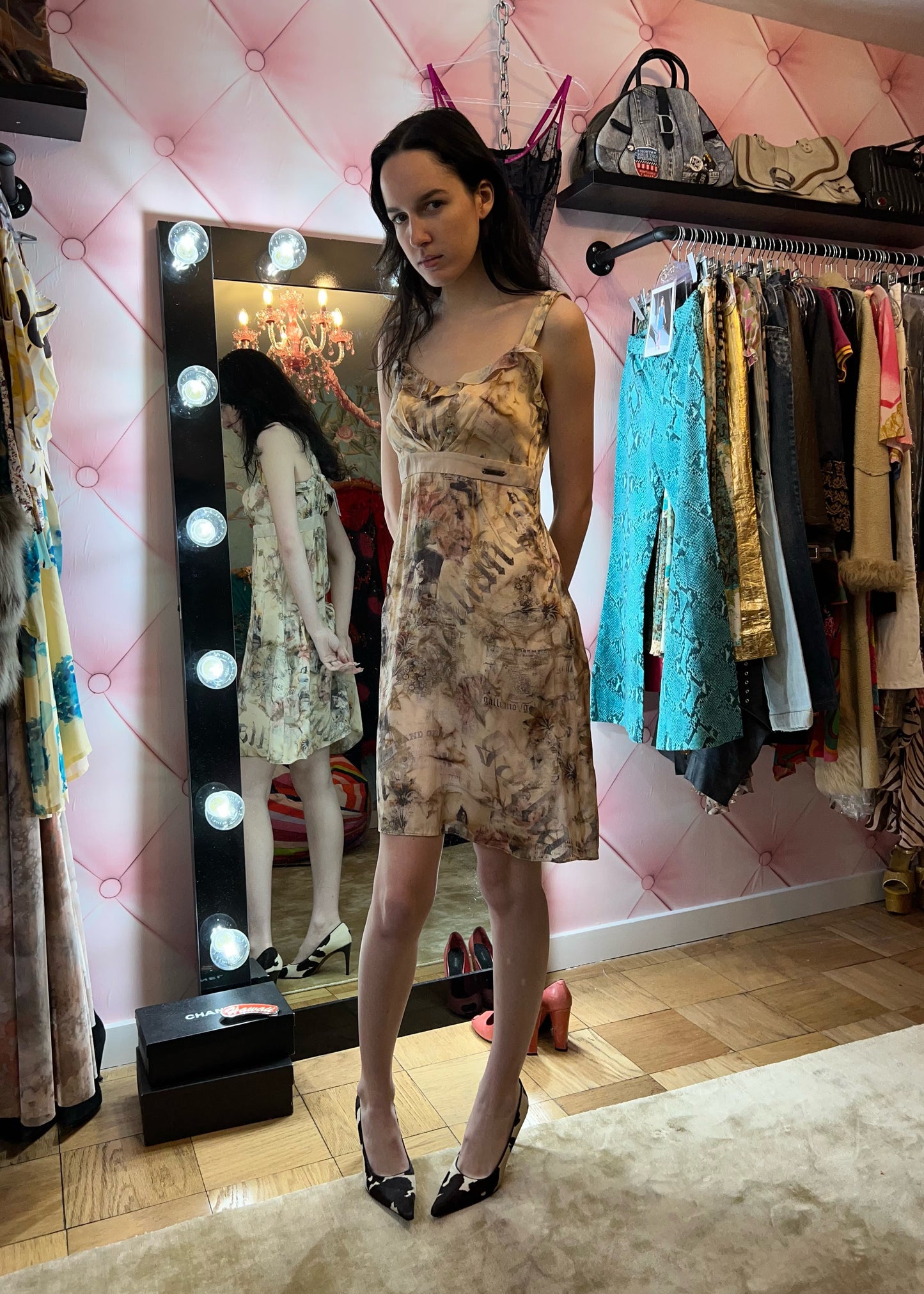 Galliano Silk Cherub & Newsprint Dress
