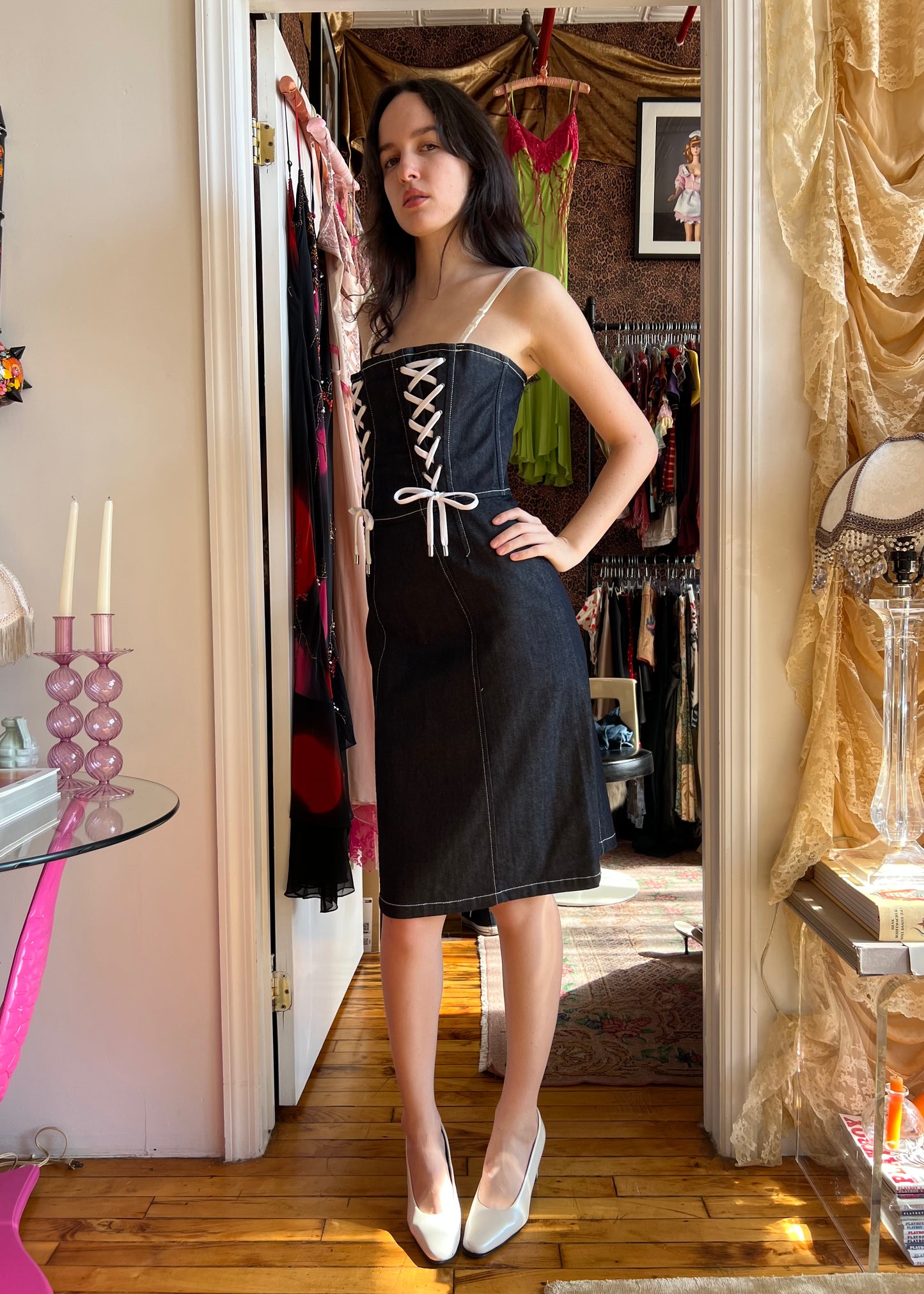 D&G Lace-Up Denim Midi Dress