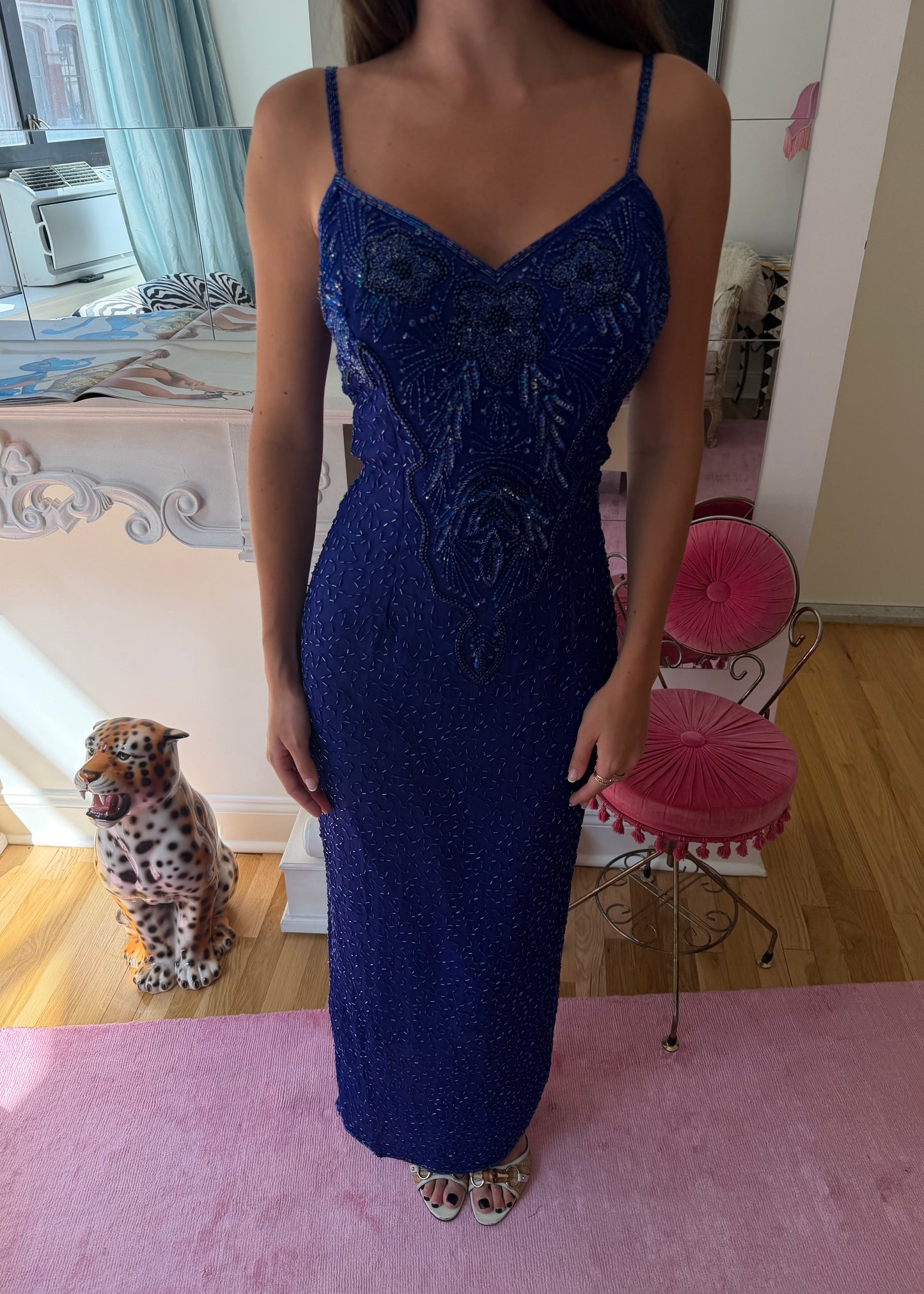 French Vintage Beaded Royal Blue Gown