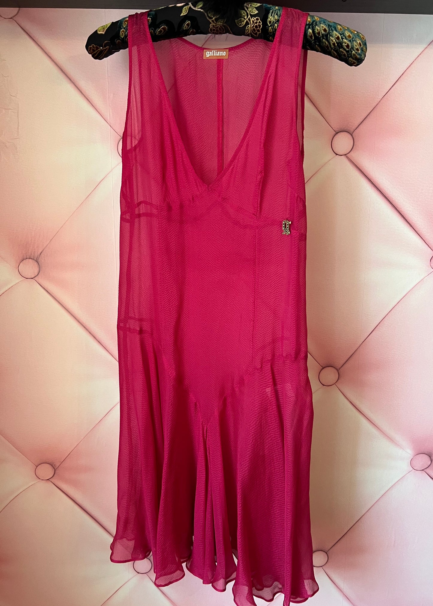 Galliano Hot Pink Sheer Silk Midi Dress