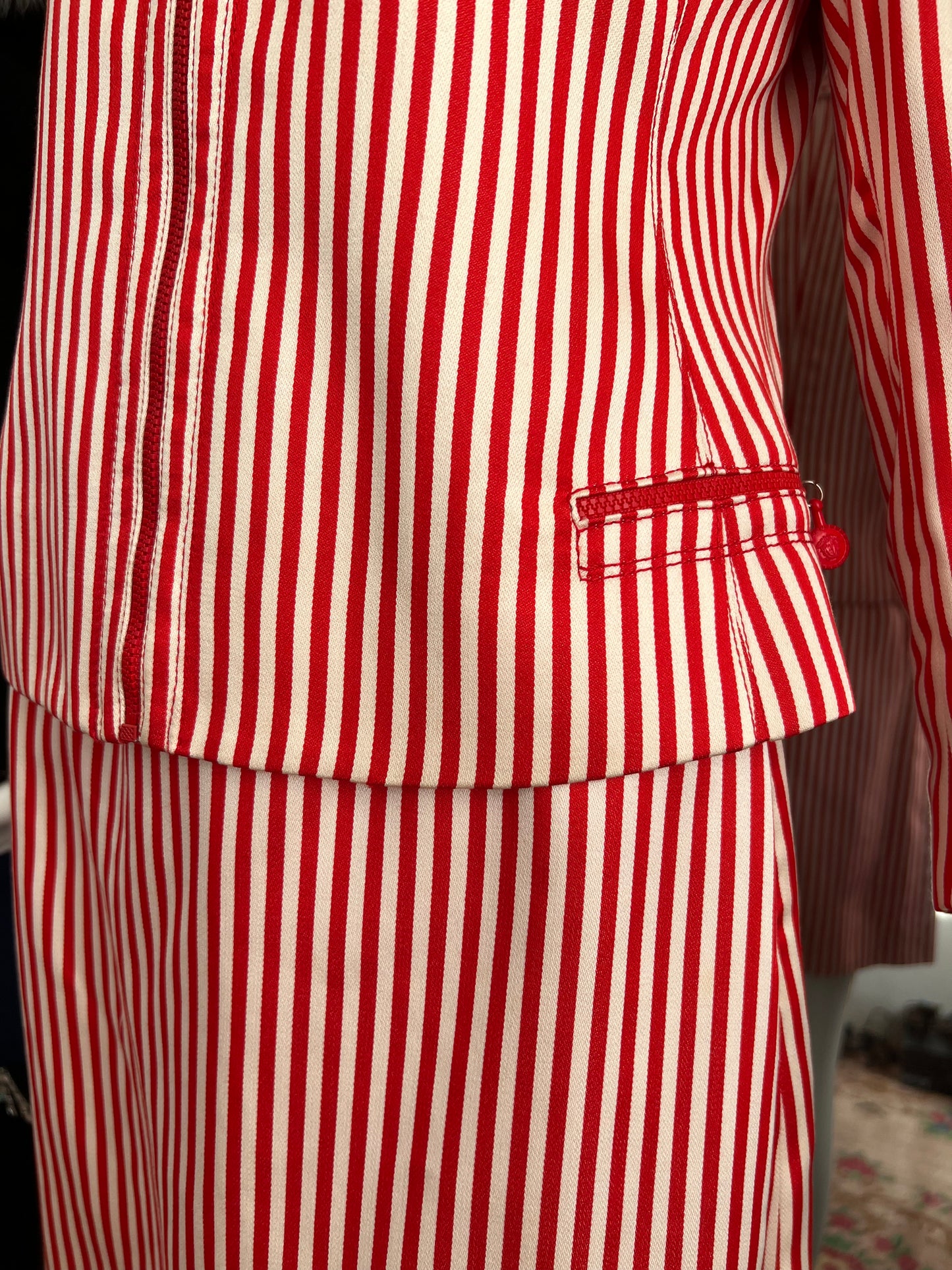 Gianni Versace Couture SS1993 Red/White Pinstripe Jacket and Skirt Set