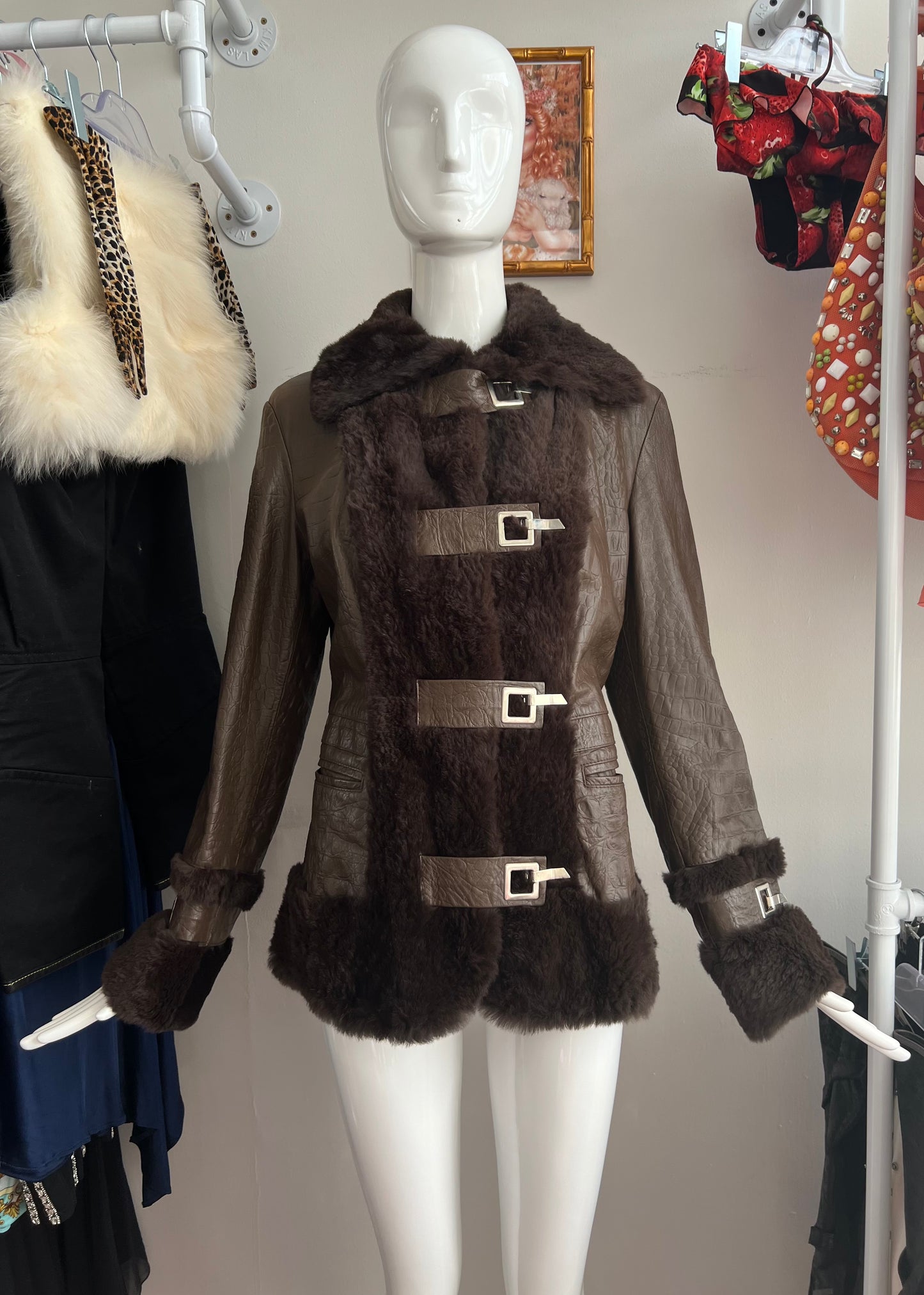 D&G Clasp Closure Fur Trim Leather Jacket