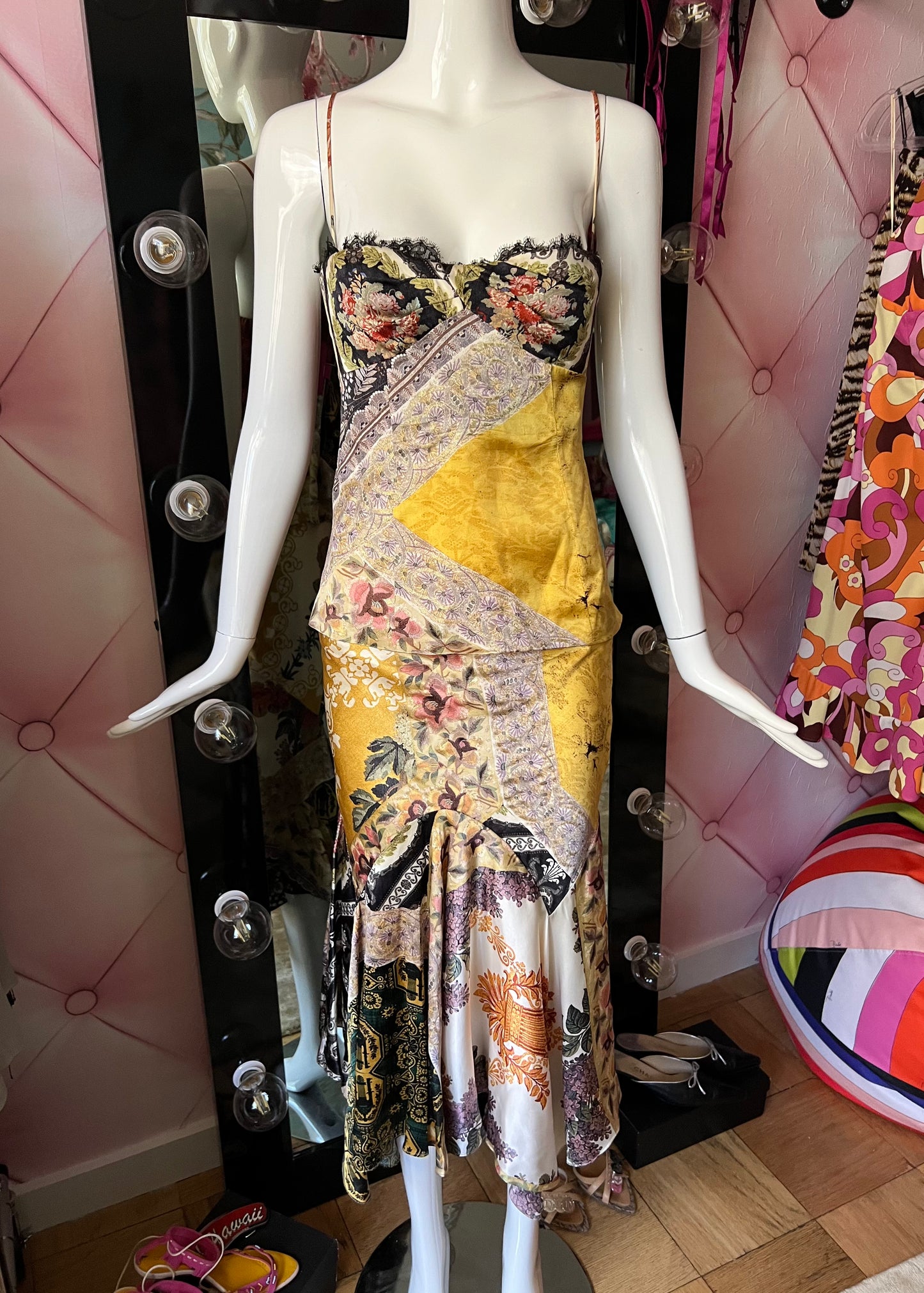 Roberto Cavalli 2005 Patchwork Printed Silk Bustier & Midi Skirt Set