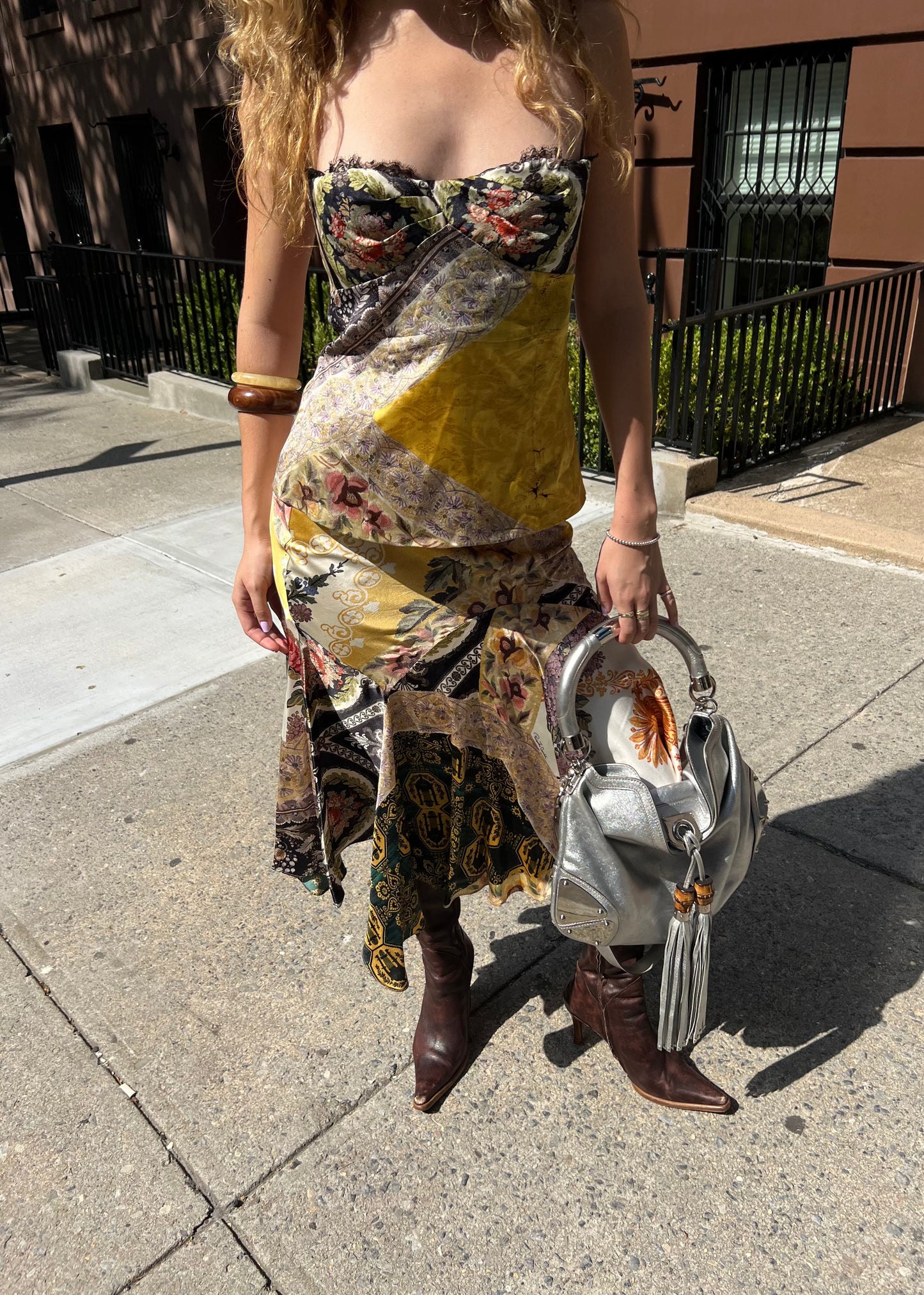 Roberto Cavalli 2005 Patchwork Printed Silk Bustier & Midi Skirt Set