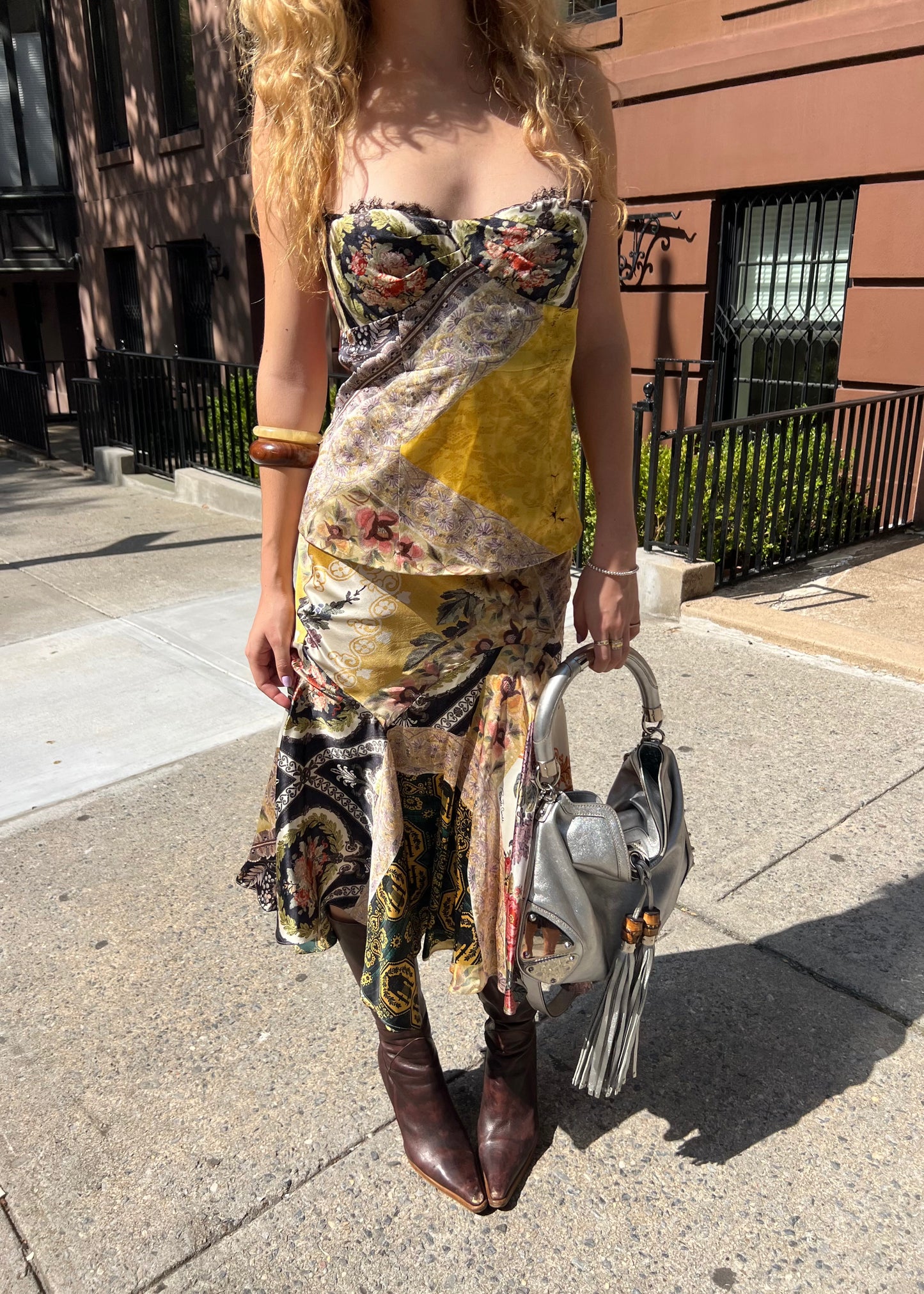 Roberto Cavalli 2005 Patchwork Printed Silk Bustier & Midi Skirt Set