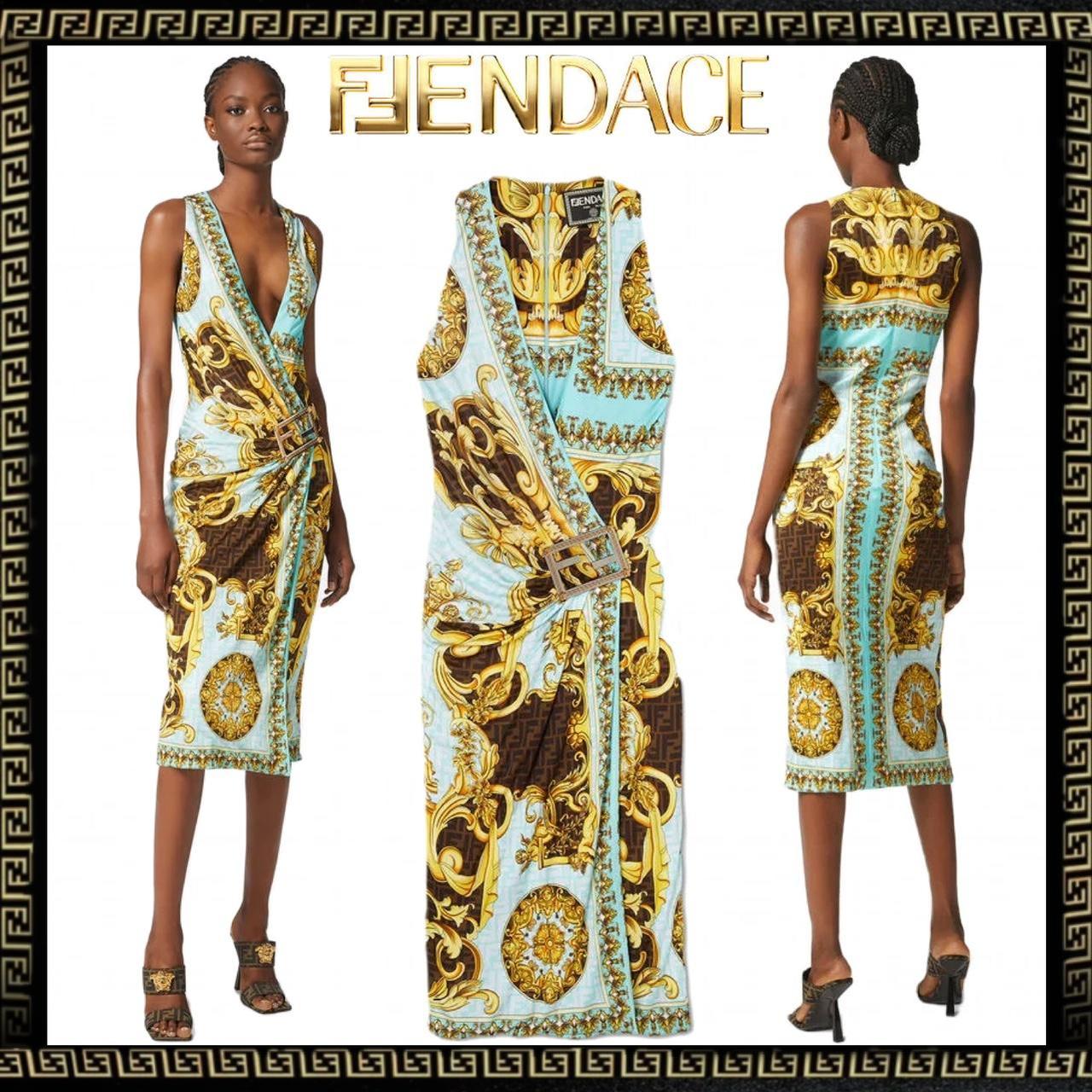 Fendace Versace Fendi SS Collaboration Sleeveless Monogram V Neck Wrap Dress