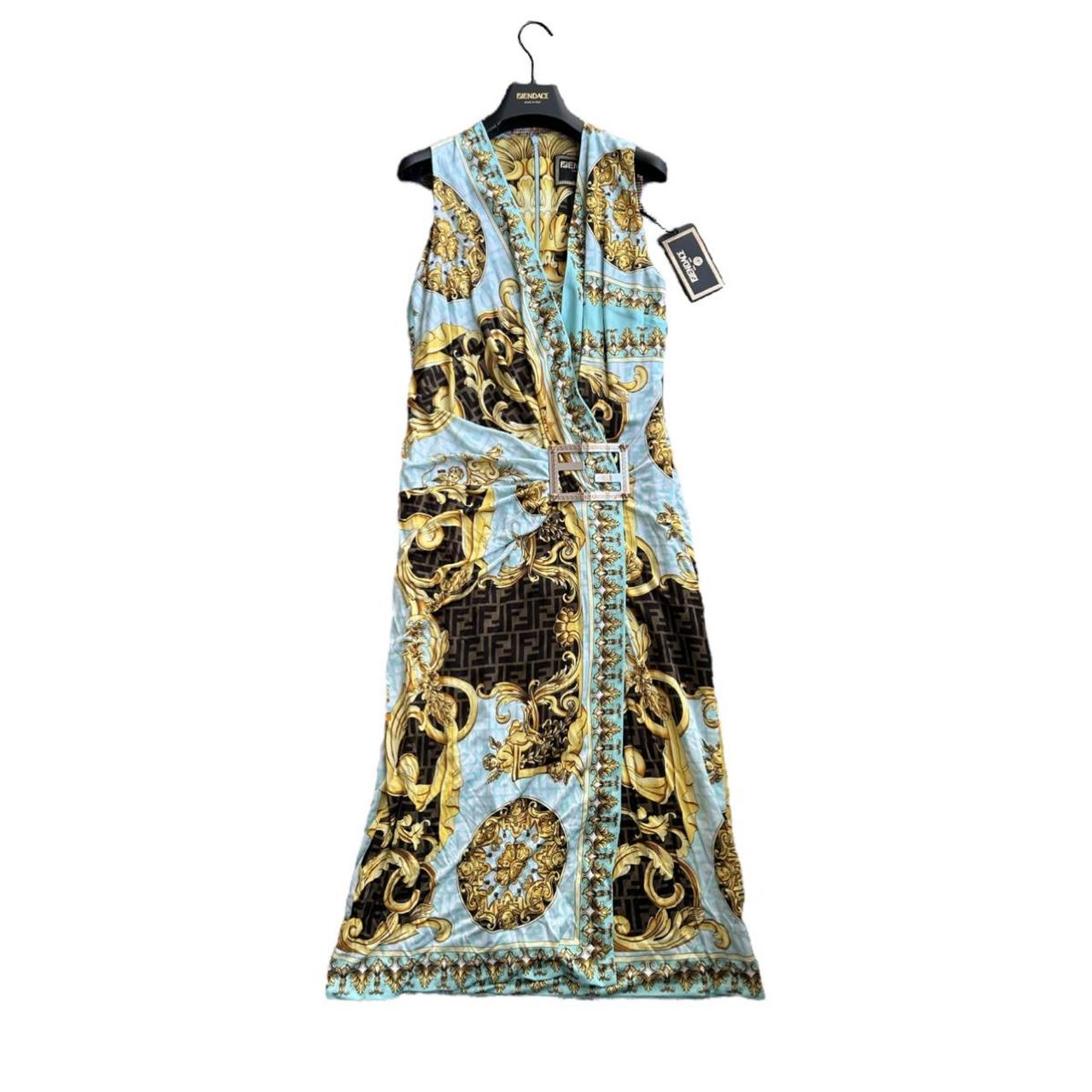 Fendace Versace Fendi SS Collaboration Sleeveless Monogram V Neck Wrap Dress