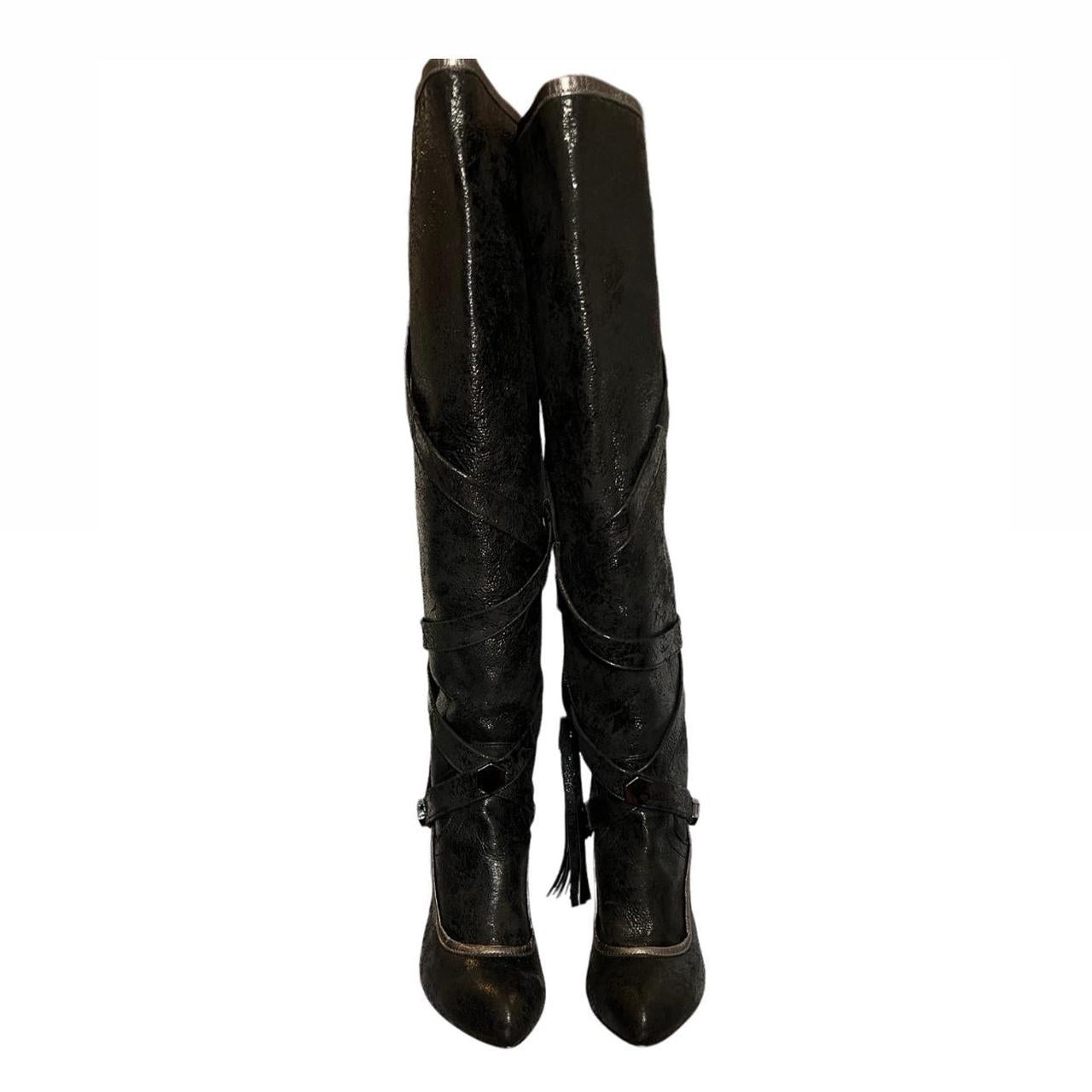 Galliano Tall Glitter Boots with Lace Around Fringe Ties