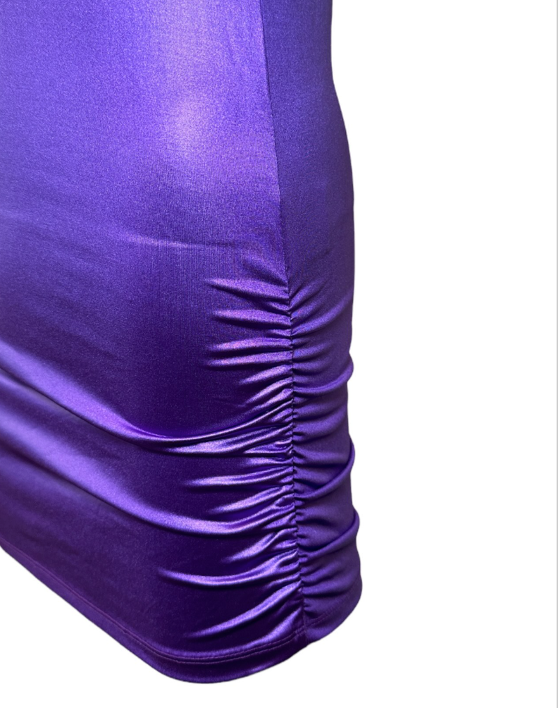 5351 Purple Metallic Ruched Party Dress