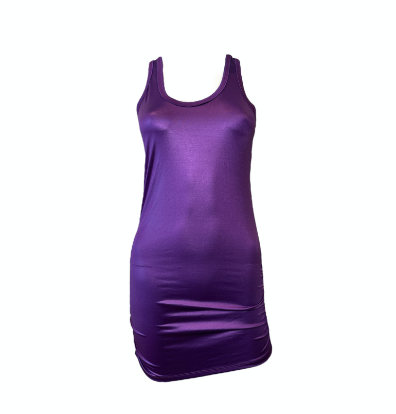 5351 Purple Metallic Ruched Party Dress
